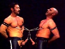 Michael and Bryce are hooked up to each other by chains attached to their nipple clips. Each of the chains are then attached to their Prince Alberts, 