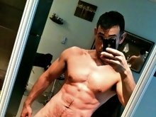 Topless hunk dude flex up his front and back muscles